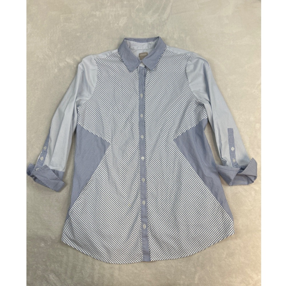 Chico's Button Down Shirt Womens 1 Blue White Mixed Stripe Tunic Pockets